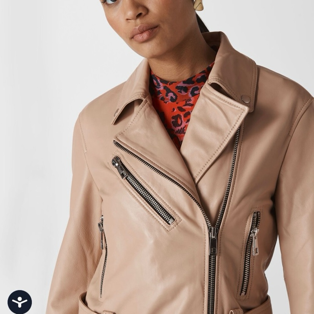 NWT $699 Whistles Women's Nude Soft Leather Size 2 Biker Crop Zip Jacket
